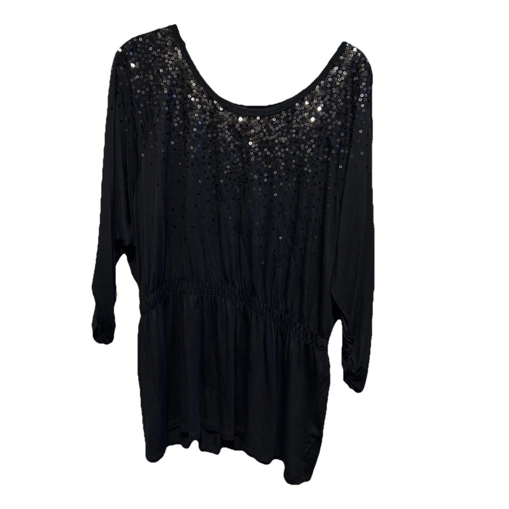 Grace Elements 3/4 Ruched Sleeve‎ Sequin Embellished Top Black Blouse Large L